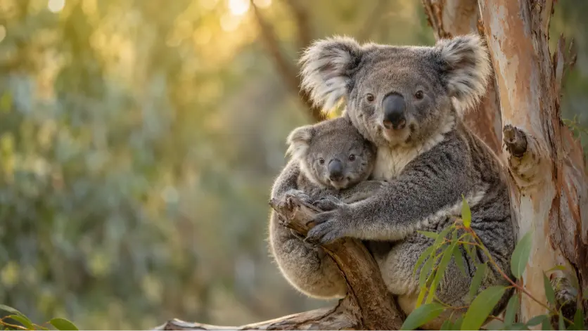 Koala mother and joey in sunlight