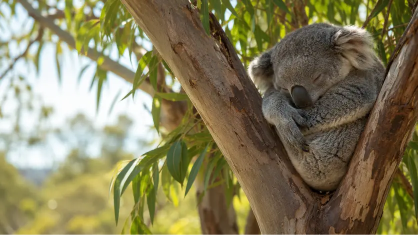 Koala resting in eucalyptus canopy