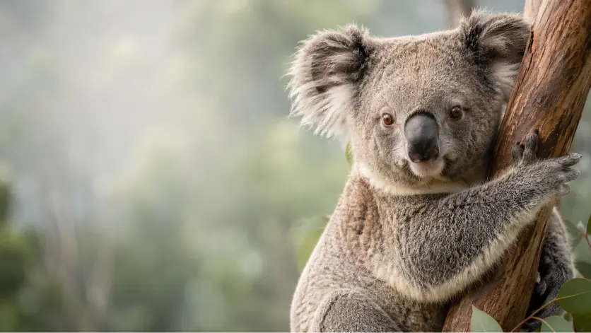 Koala clinging to euchalypus tree